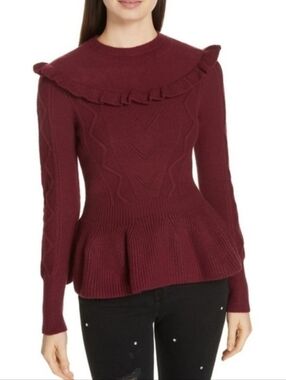 Ted Baker London Wine Ruffle Peplum Cable Knit Sweater